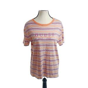 Guess T Shirt Boxy Relaxed Orange Purple Striped Womens Size XS